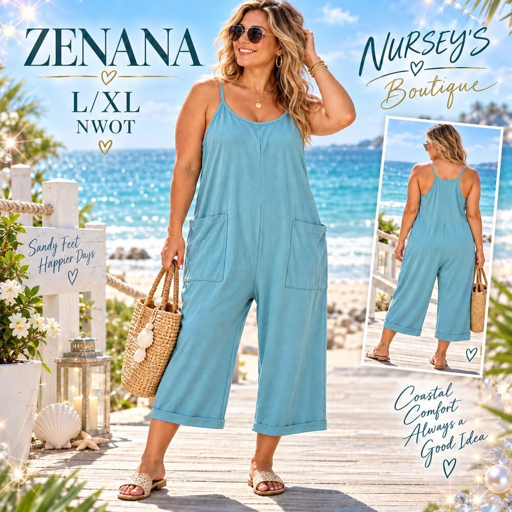 Zenana L XL Aqua Blue Spaghetti Strap Pocketed Wide Leg Jumpsuit NWOT